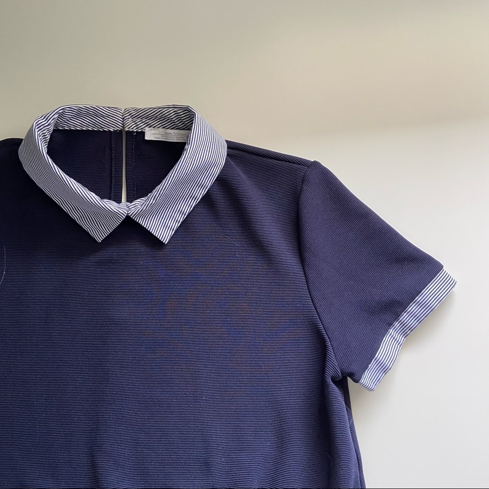 ZARA Poplin Stripped Collar Cuff Detail Short Sleeve Mini Dress Peter Pan Collar